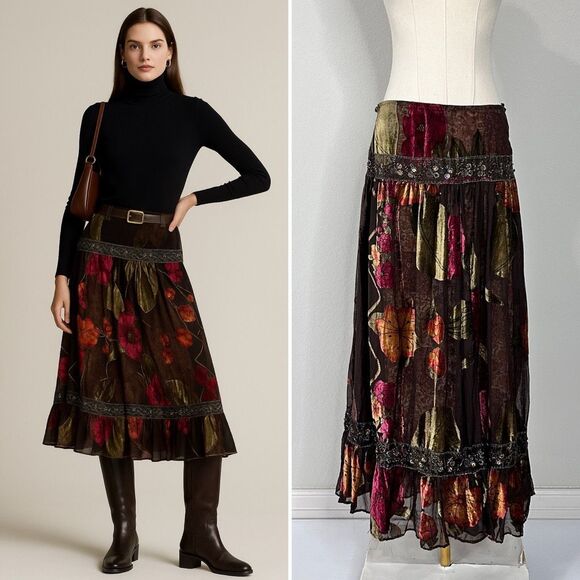Y2K Debbie Shuchat Burnout Velvet Maxi Skirt 8 Boho Festival Whimsigoth Flaw - Picture 1 of 16